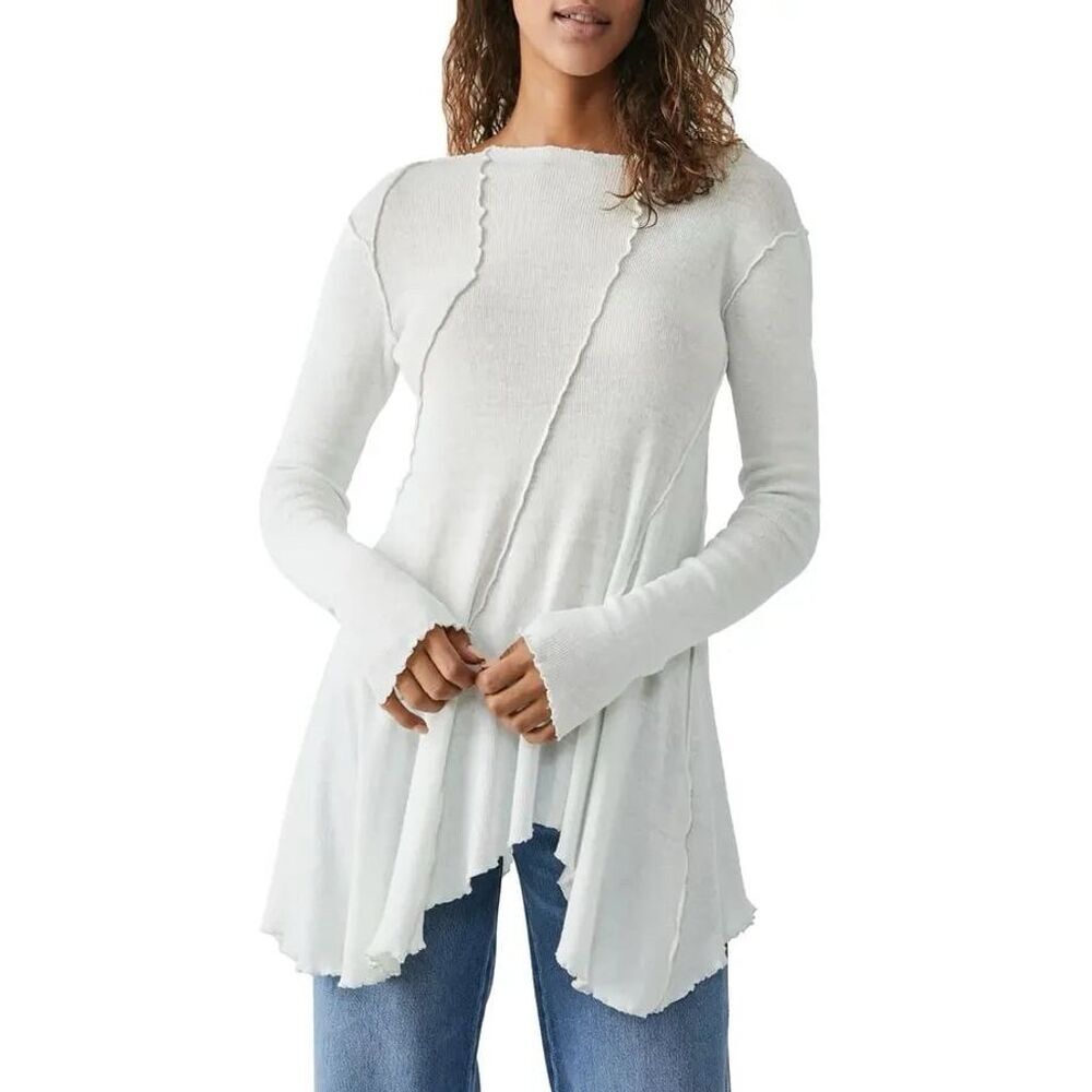 Free People Women's Full Swing Tunic Top White Asymmetric Long Sleeve Blouse, S - Picture 3 of 13